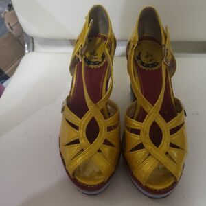 L Fire 3D Rainbow Wedge Gold Disco Go-go Sandal Sz 37 Great for  Pride